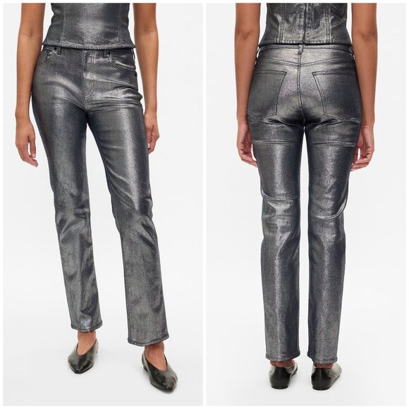 New Gap Vintage Slim High Rise 90s Straight Jeans in Silver Metallic Sz 28 / 6 P - Picture 1 of 13